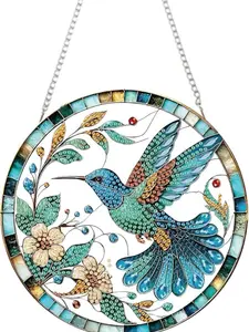Stained Glass Hummingbird Suncatcher Diamond Painting Kit - Floral Rhinestone Art, Hanging Chain Decor