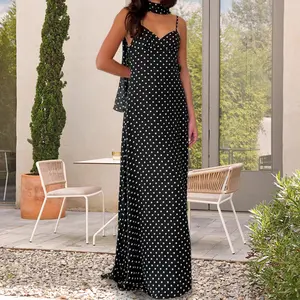 Women'sFit Dress Deep V Neck Adjustable Spaghetti Strap Backless Summer Dots Long Dresses with Scarf