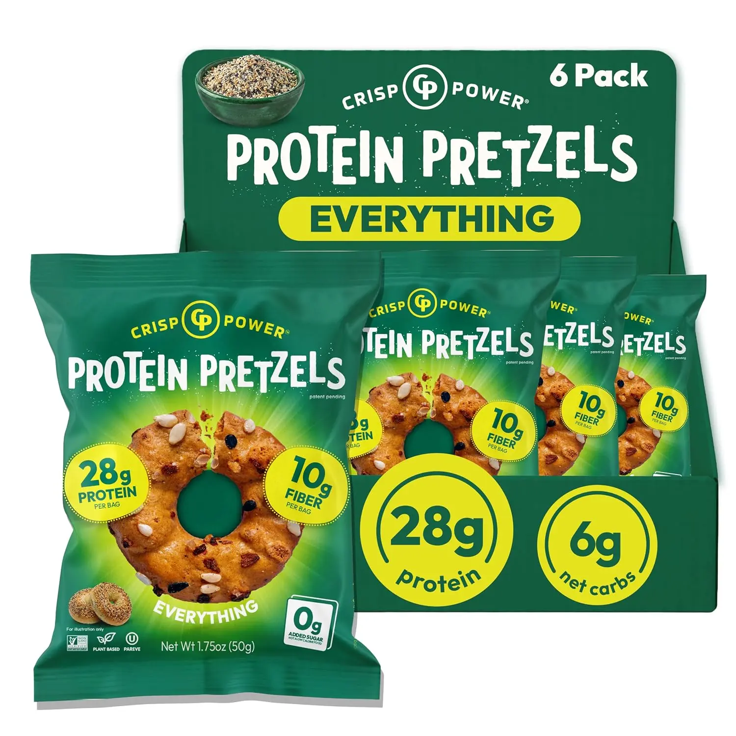 HOT - Crisp Power Everything Protein Pretzels, High Protein Snack, 6 Pack