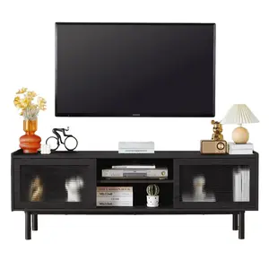 Giratree TV Stand, Modern TV Stand Up to 70 Inch TV, Entertainment Centre with Glass Sliding Door and Adjustable Shelves, TV Console Table for Living Room and Bedroom
