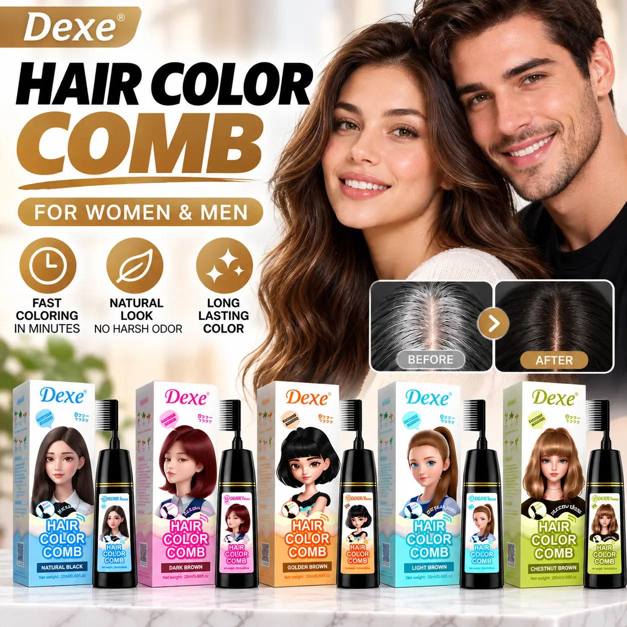 Home Use Integrated Hair Coloring Comb with Plant Essence Dye Cream - Easy to Operate, Gentle Haircare, Conditioning, Frizz Control, No Damage, Long-Lasting Fade-Resistant, Ash Brown Ash Blonde Highlights Fixation, Semi-Permanent Color, Coloring Comb Semi