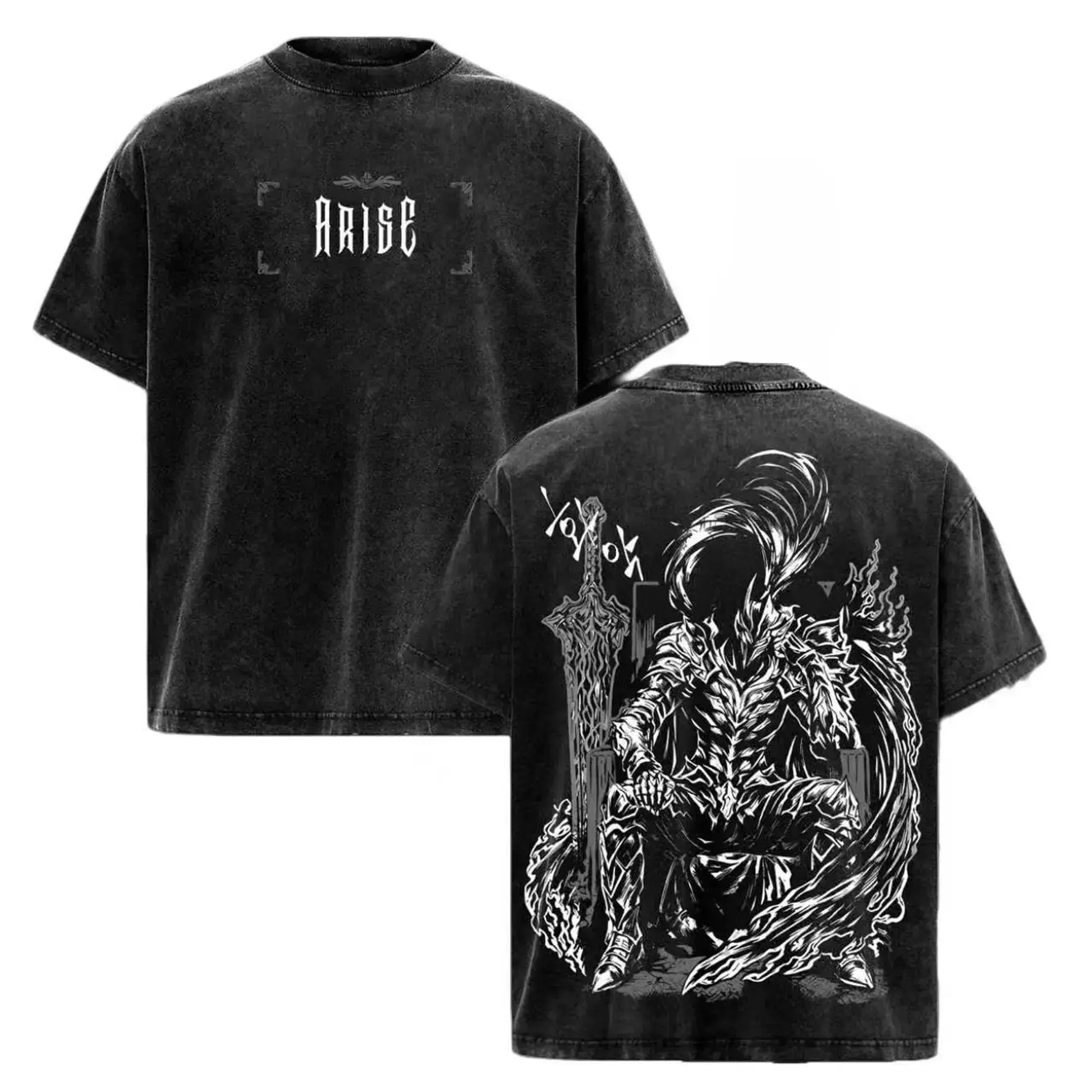 Men's Unisex Oversized Vintage Washed Heavyweight Cotton Black Graphic Print T-Shirt - Solo Leveling Igris Design, Baggy Short-Sleeve Round Neck Seamless Classic Loose Stylish Soft Comfy Streetwear Tops Apparel