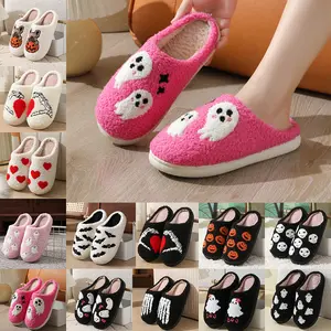 Womens Mens Halloween Pumpkin Slippers Slip-on House Cotton Shoes for Indoor Bedroom