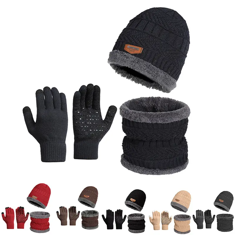 Men'S Knitted Hat Three-Piece Set: Wool Hat, Cross-Border Hat, Scarf Integrated With Fleece, Warm Hat, And Touchscreen Gloves