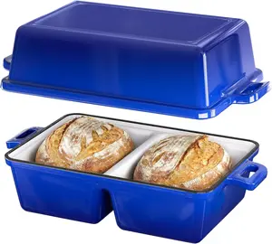 Enameled Cast Iron Double Dutch Oven with Lid, Double-Chamber Square Mini Sourdough Loaf Pan for Homemade Sourdough Bread Baking, Dark Blue, Patent Pending