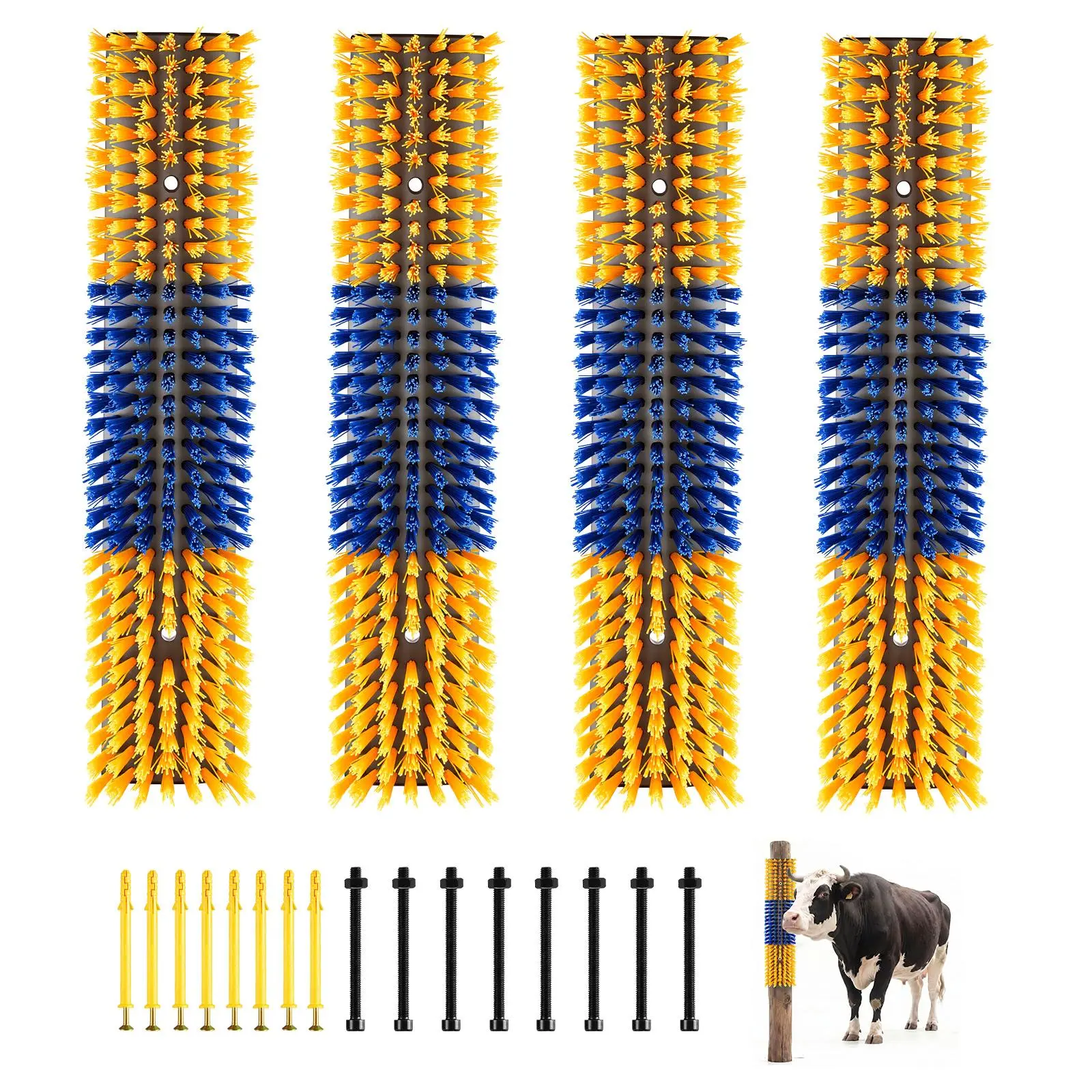 【SummerFinds】VEVOR Livestock Scratching Brush, 4PCS Goat Scratcher Brush Post with 16 Screws, 16.9"x3.9" Cow Scratcher for Back Itch Relief, Massage Grooming Scratch Tool for Horse Cattle Sheep Pig, Yellow & Blue