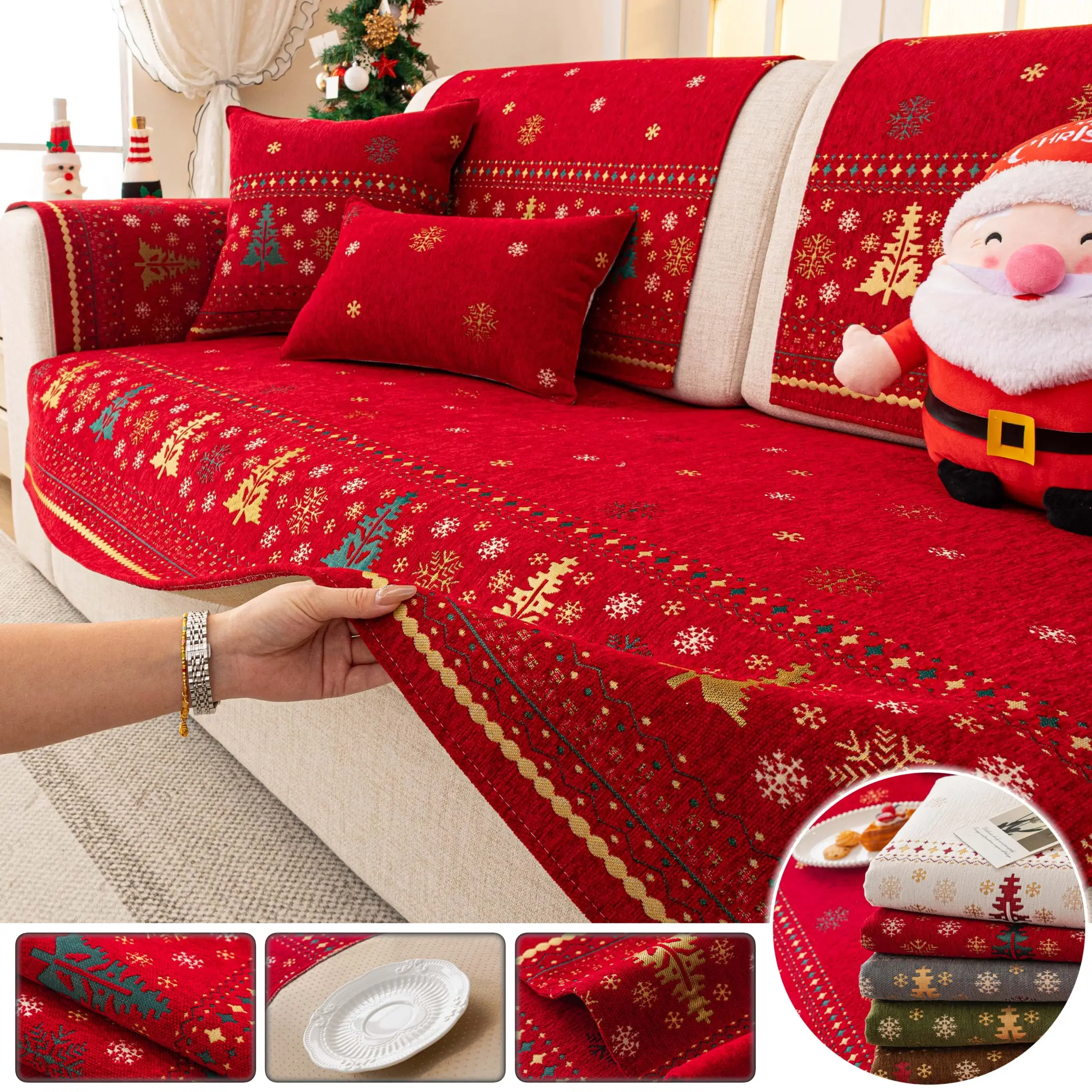 Christmas Chenille Sofa Cover, 1 Count Festive Snowflake/Nordic Pattern Couch Cover, Non-Slip & Machine Washable Sofa Protector, Pet-Friendly Anti-Scratch Throw, Fits 1/2/3/4-Seater & L-Shape Sectional, Cozy Winter Home Decor