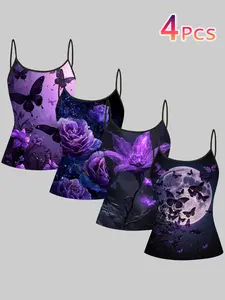 Dark Rose Butterfly Print Strappy Top, Summer Home Wear, Casual Slim-Fit Outerwear, Unique Bodycon Shirt, Four-Piece Set