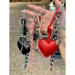 Y2K Gothic-Handmade Beaded Bowknot Keychain with Heart-Shaped Pendants,Silvery Bead Bow Bag Charm PU Leather Heart Keychain,Black & Red Pink Heart Keyring Checkered Rope Charm Hanging Ornaments Stylish Keychain
