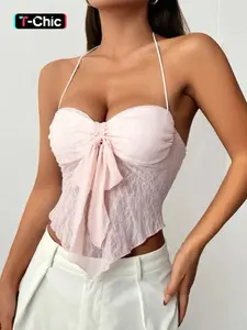 Women's Solid Bow  Backless Halter   Cami Top, Womenswear Fashion Casual   Sleeveless Top for Daily Outdoor Wear, Ladies Clothes for All Seasons