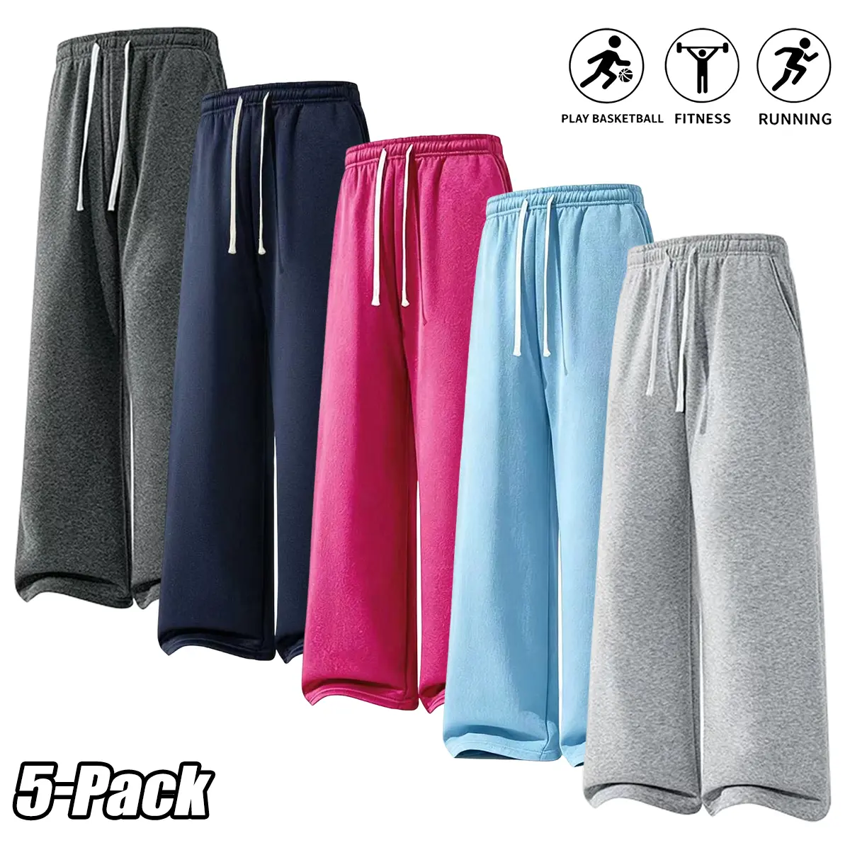 Men's 5-Pack Loose-Fit Keep Warm Polyester Athletic Basic Sweatpants - Drawstring Waist Solid Plain Baggy Long Pants, Multi-Size Options for Autumn/Winter Everyday Wear, Outdoor Walks (Keep Warm Men's Pants)