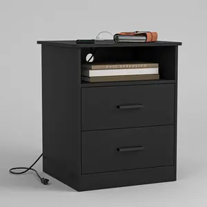 spaco Modern Vanity Nightstand Combo - Wooden Tabletop, 2 Drawers, Pedestal Base, Charging Station with 2 AC & 1 Charging Ports, Multi-Use Indoor Furniture for Bedroom, Living Room