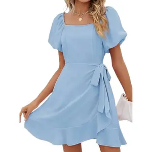 Ms. Square Neck Puff Sleeve Dress Summer Tie Waist Solid Color Casual Womenswear Adjustable Breathable Feminine Flowy Short Skirt Cotton Fabric