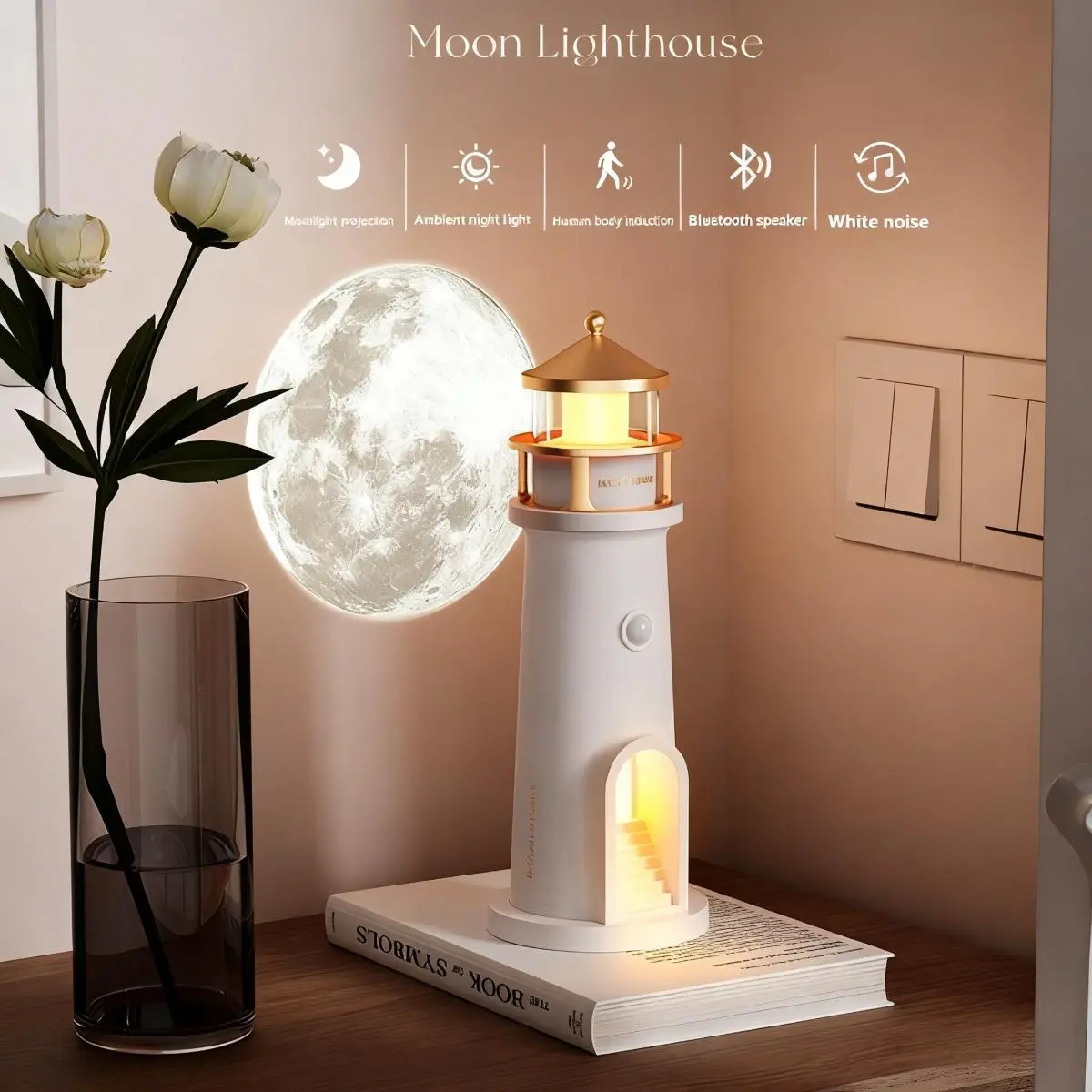 3-in-1 Rechargeable Bluetooth Speaker - Built-in Motion Sensor, Lighthouse Portable Audio, Mood Night Light, Celestial Projector, Bedside Lamp, Speaker Bluetooth, Unique Gift for Women