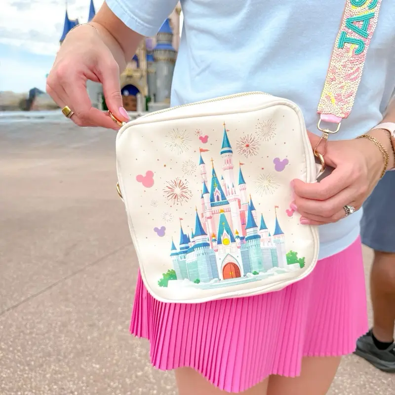 Women's Castle Crossbody Autograph Bag - Castle Print, Zipper, Blank Back, Adjustable Strap, Autographing Feature, Secure Carry
