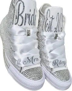 Bride Custom Wedding Sneakers with Rhinestones Personalized White and Silver Handmade Bridal Shoes for Reception