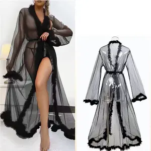 Feathered mesh robe with underwear included