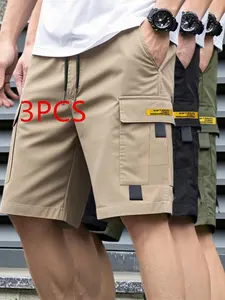Men's 3-Pack Cargo Shorts, Menswear Drawstring Elastic Waist Casual Shorts with Multi Pockets, Summer Streetwear Loose Fit Work Shorts