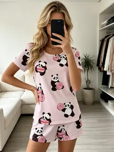 Adorable Cartoon Panda Print Women's Short Sleeve Pajama Set, Soft Comfortable Stretchy Fabric, Ideal for Home or Outdoors