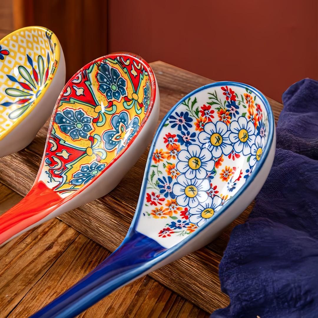 nonstick cooking spoon，3-piece set of ceramic large soup spoons, Bohemian-patterned dinnerware set, suitable for cooking, kitchen dinnerware set, dishwasher safe, extra-large miso soup spoon, large soup ladle, ramen spoon Cutlery