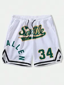 Men's Seattle Sonics Allen #34 Basketball Shorts | Y2K Streetwear Athletic Shorts with Retro Script Print, Striped Hem, Elastic Drawstring Waist & Side Pockets | Vintage Street Style for Gen Z Guys & NBA Fans | Athletic Bottoms
