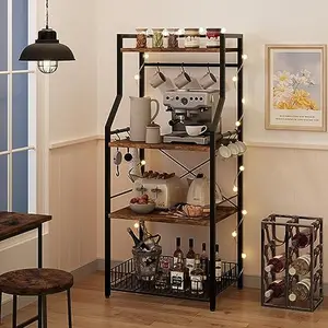 4-Tier Industrial Rustic Brown Kitchen Baker's Rack - Microwave Oven Stand with Large Wire Basket, Coffee Bar Station, 8 Hooks for Spice and Pot Organization