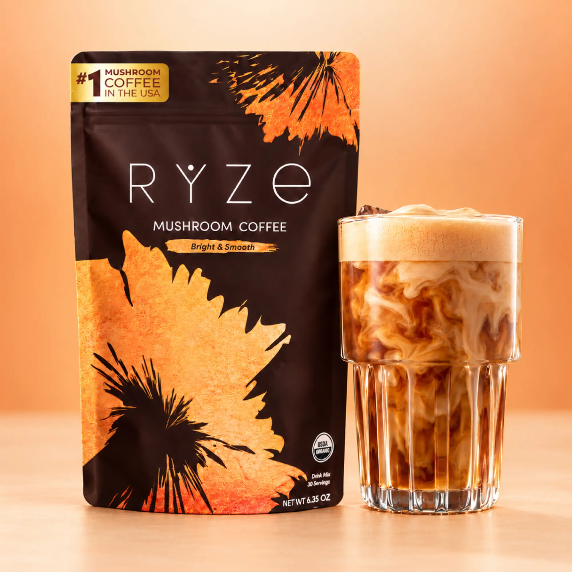 RYZE SUPERFOODS Organic Mushroom Coffee Powder - USDA Organic Medium Roast, USA-Grown Instant Healthy Beverage with 6 Adaptogenic Mushrooms (Lions Mane, Turkey Tail), No Sneaky Additives, Energy Boost Support for Focus, Digestion, Immunity, 30 Servings