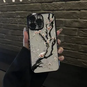 White cherry blossom tree Blooming Pattern Electroplated Mobile Case Camera Lens Protection wildflower cases for iphone 16 15 Pro max case 14 13 12 11 XR XS Plus Shockproof and non-slip silicone transparent acrylic mobile phone protective film iphone 15