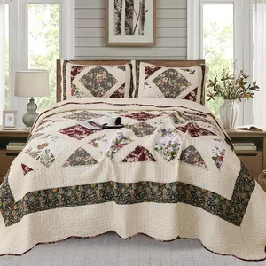 Floral Quilt Sets Bedspread Set   Patchwork Bedding Set, Season Use Lightweight Reversible Coverlet Quilts with 2 Pillow Shams( 92"x96")