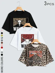 Women's 2026 3 Pcs Western Bull Skull Graphic Crop Top Set, Trendy Fashion Y2K Country Music Cowgirl Tees, Vintage Aesthetic Tops for Teens & 20s
