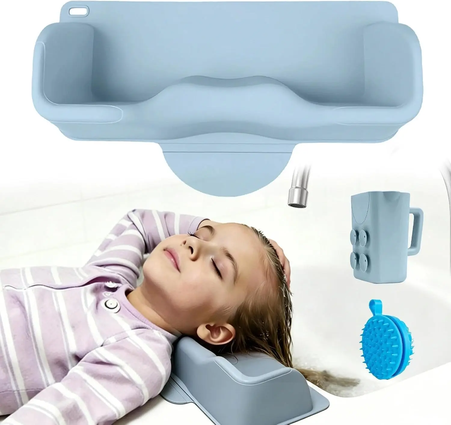 Hair Station for Kids - with Rinse Cup & Scalp Massager| Shampoo Bowl for Sink or at Home, Hair with Neck for Adults and Elderly Blue