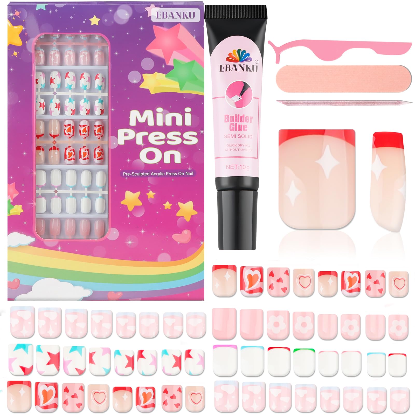 130 Pieces Press on Nails for Kids, EBANKU 5 Pack Kid Fake Nail Kit Old Cute Clouds Flower Heart Star Press on Nails for Girls 8-12 Years with Jelly Nail Adhesives & Nail Builder Glue