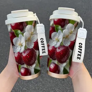 500ml cherry and cherry blossom pattern insulated mug, suitable for three drinks in one cup, portable for car use, with hot and cold insulation functions, perfect for the office, travel, and as a gift. Also suitable as a coffee mug or tumbler.