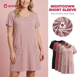 SHOWITTY Womens Henley Nightgown Short Sleeve Sleep Dress with Pockets, Soft Stretch Sleepshirt, Breathable Recycled Fabric Loungewear