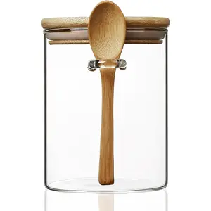 15 oz/450 ml Glass Storage Canister with with Airtight Lid, Cute Clear Decorative Container Jar with Wooden Spoon for Coffee  Candy Salt Cookie Condiment Sugar Matcha  Overnight Oats