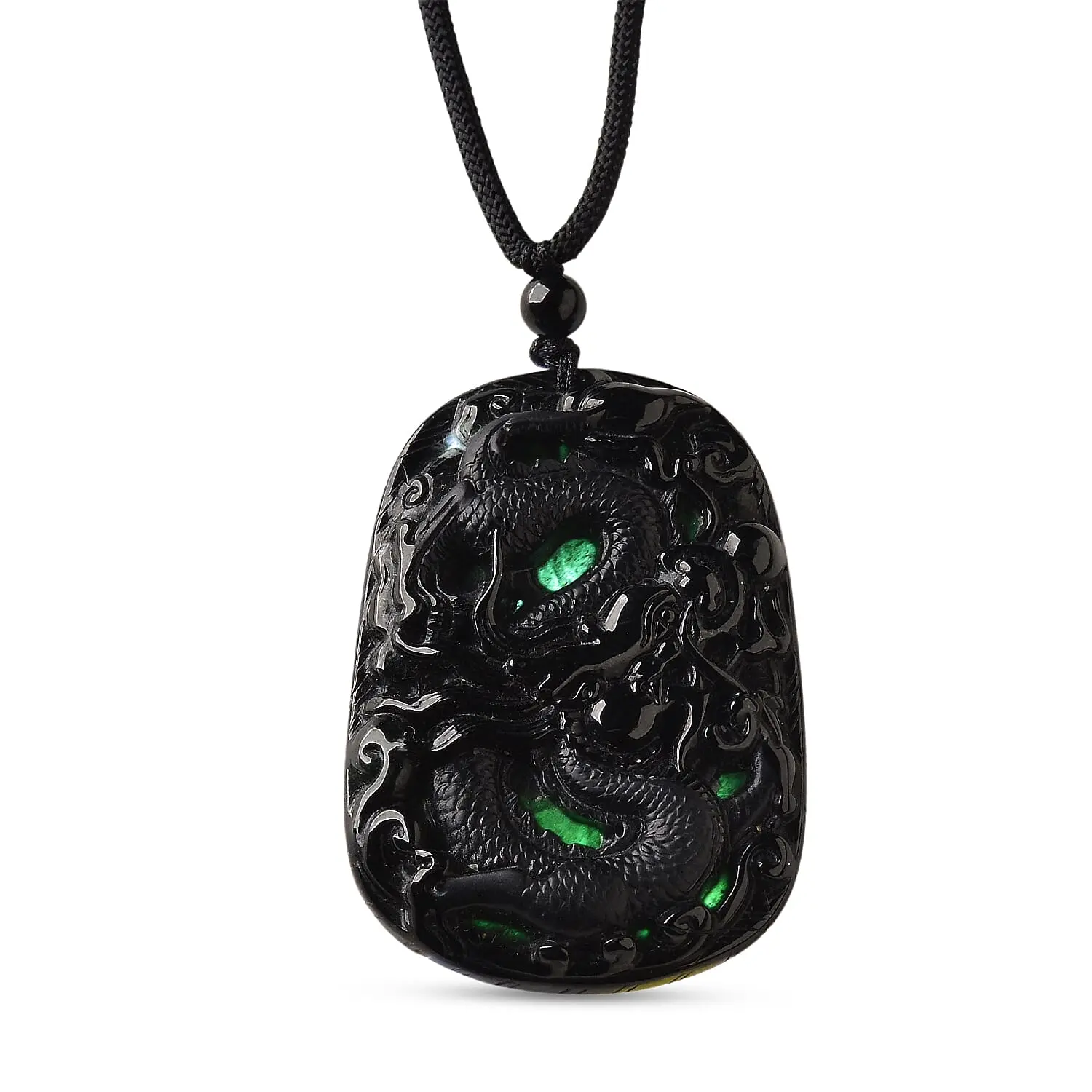 Natural Black Jade 125.00 ctw Carved Dragon Pendant with Black Cord Necklace 28 Inches