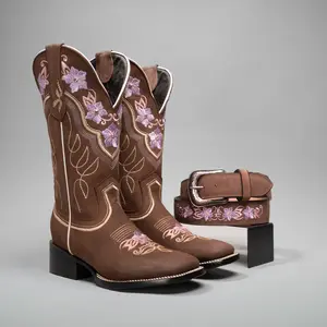 WOMEN'S JASMINE SQUARE TOE COWBOY BOOTS AND BELT COMBO
