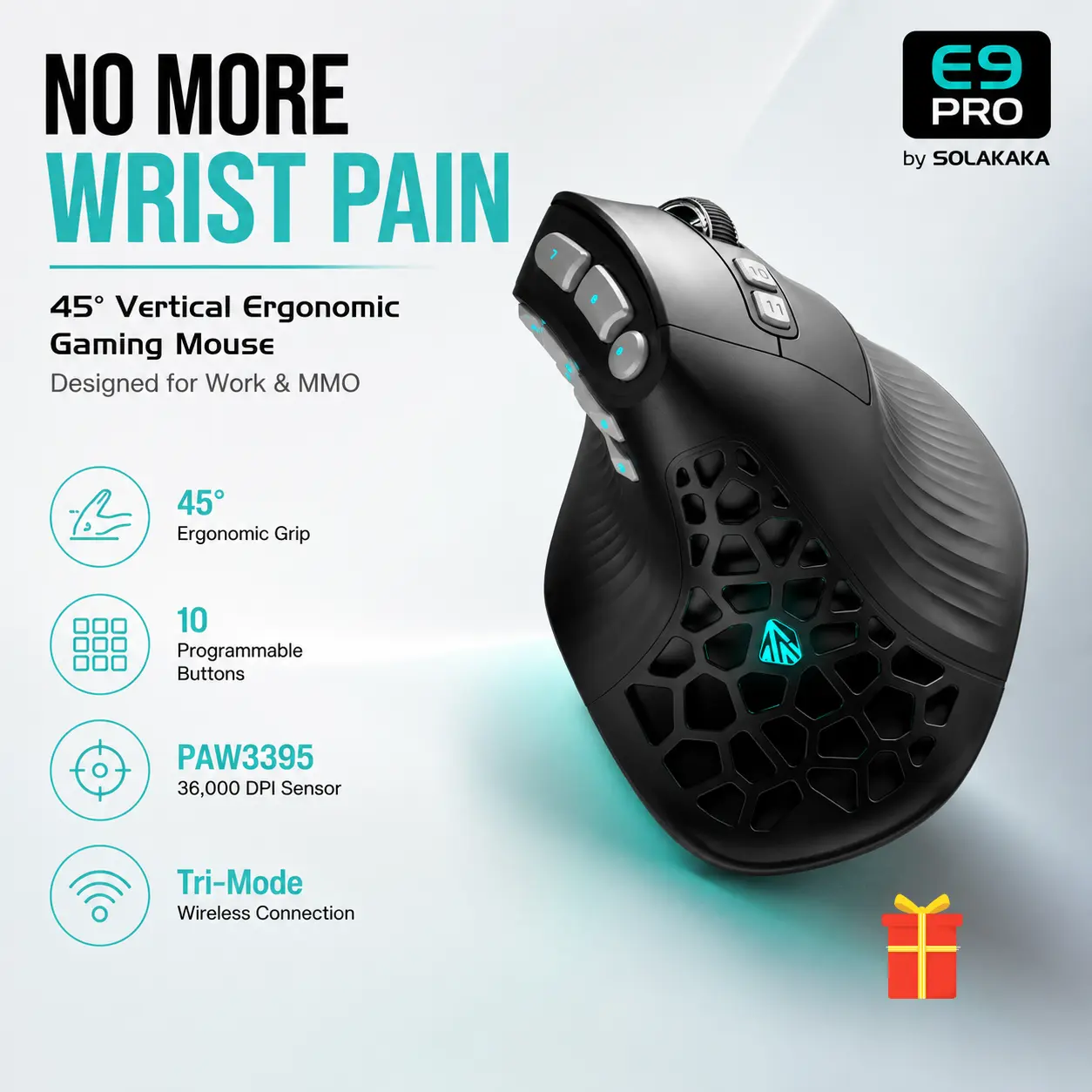 SOLAKAKA E9 PRO Vertical MMO Gaming Mouse - Lightweight Ergonomic Gaming Mouse with 10 Side Buttons,PAW3395 36000 DPI Sensor,45°Grip,Tri-Mode 2.4G/BT/Wired, RGB,1000mAh Rechargeable Mouse for PC/Mac - Black summerwins,summerwins