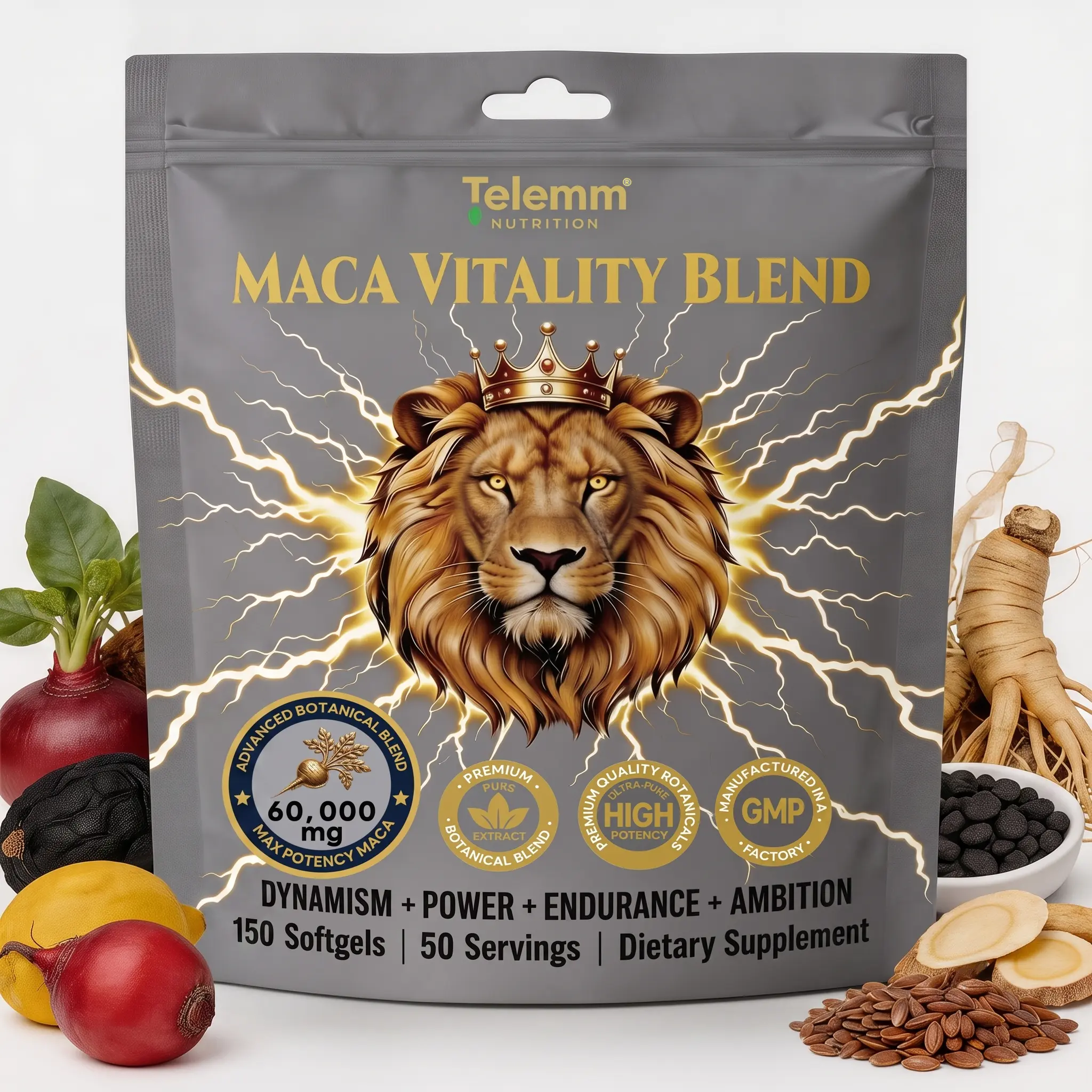 Telem Maca Vitality Blend Softgels,60,000mg Max Strength Triple Maca with Shilajit,Ashwagandha,Ginseng,Fenugreek,Caffeine-Free Natural Energy Stamina Herbal Support for Men,150 Softgels 50 Servings,Vegan Allergen Free GMP Supplement