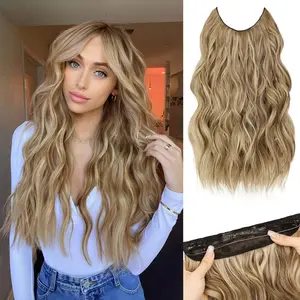 Invisible Wire Hair Extensions - 20 Inch Halo Hair Extensions Mixed Blonde Long Wavy Synthetic Hairpiece with Transparent Wire Adjustable Size, 4 Secure Clips for Women