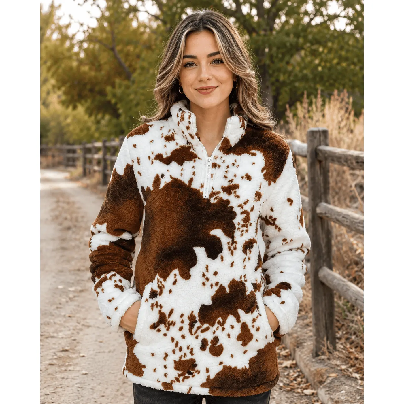 Cow Print Brown White Sherpa Pullover Women