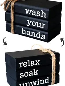 Farmhouse Mini Book Stack for Bathroom Decor Accessories Half Bath Decor Wooden Mini Books for Restroom Shelf Decorative Accent for Guest Bathroom,2 Signs in 1 Reversible