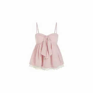 Cider Sweetheart Neck Bowknot Lace Trim Longline Oversized Cami Blouse SummerWins Dealsforyou