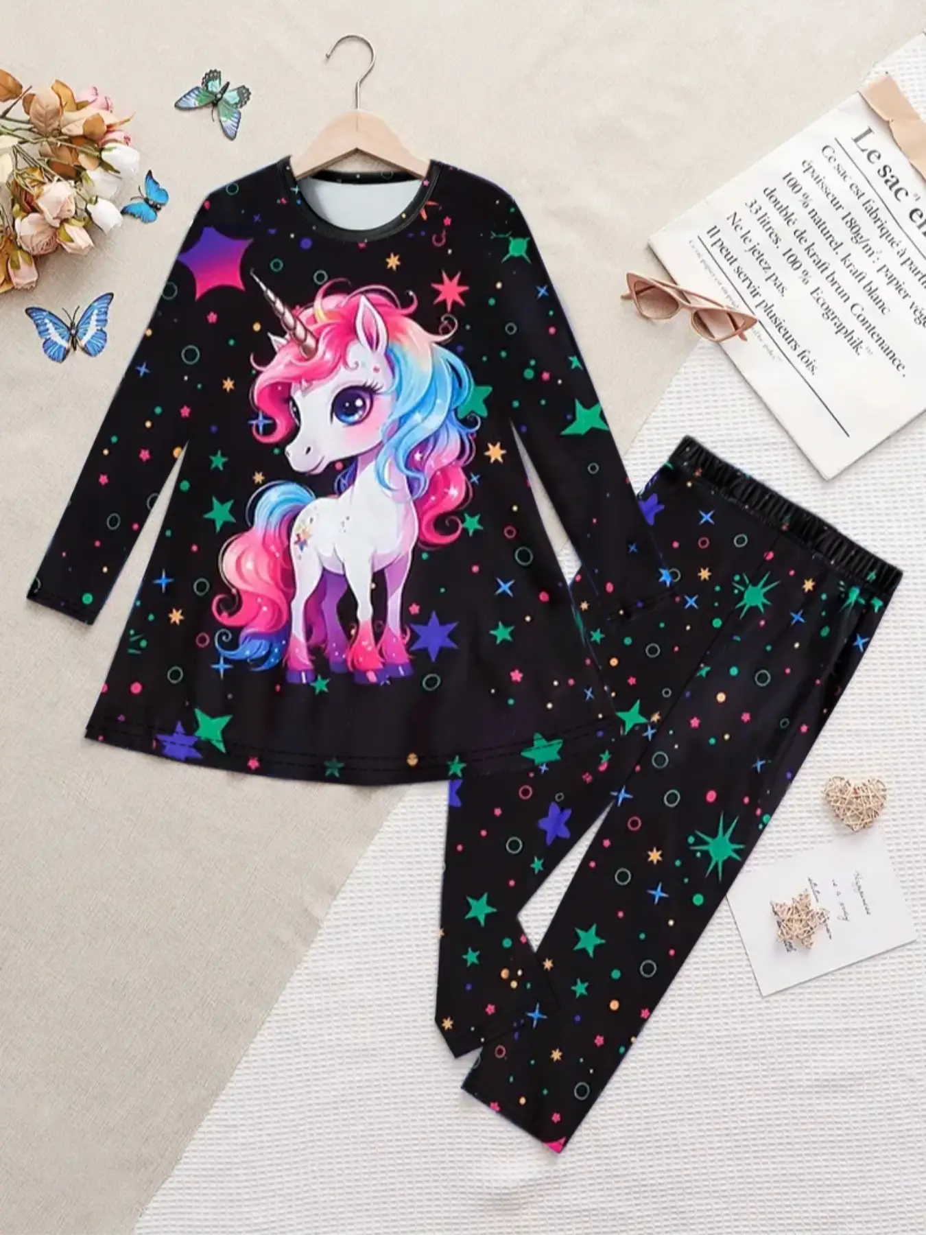 Autumn Girls' Fashion Unicorn Long Sleeve Tight Pants Set, Perfect for Outdoor Activities & Travel, Stylish Kids Fall Outfit