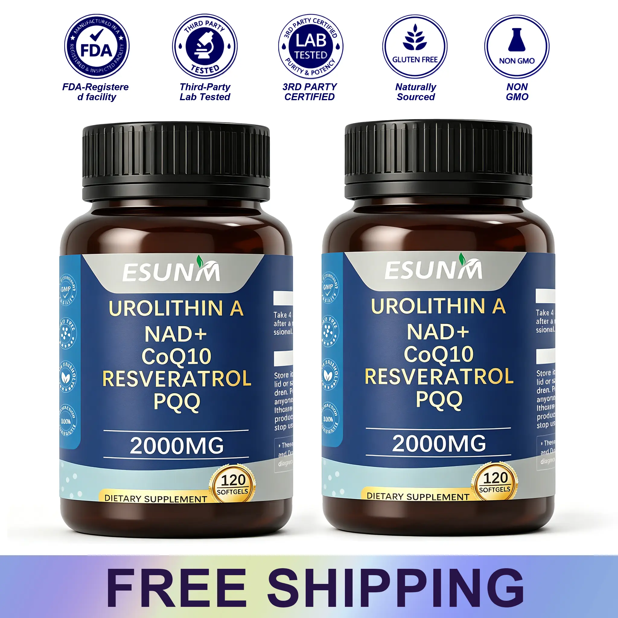 【Pack of 2 Bottles】Urolithin A Supplement with NAD+,CoQ10,Resveratrol,PQQ Supplement for Healthy Aging, Antioxidants and Mitochondrial Support,120 Capsules 30 Servings Healthcare Edible
