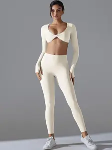 Women's Solid Crop Top & High Waist Leggings Two-Piece Set, Sporty Breathable Quick Drying Outfits for Yoga Gym Workout Running, Ladies Sportswear for All Seasons