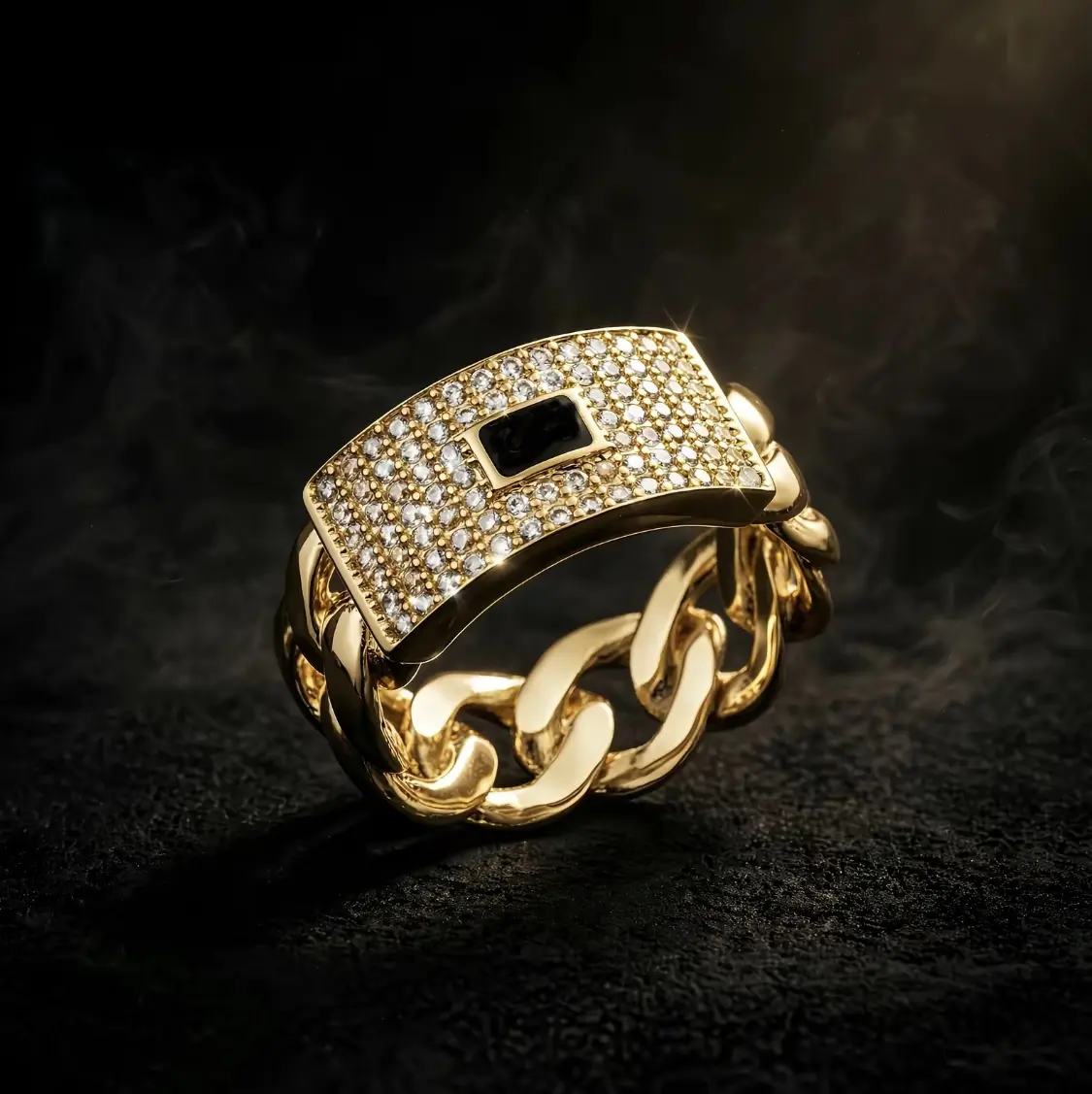 Chunky Cuban Link Ring for Men and Women, Gold-Plated Solid Brass with Micro Pave Cubic Zirconia and Geometric Black Gem, Hip Hop Finger Jewelry for Daily Wear or a Night Out, Cuban Chain Ring, 9.5Mm Wide Band