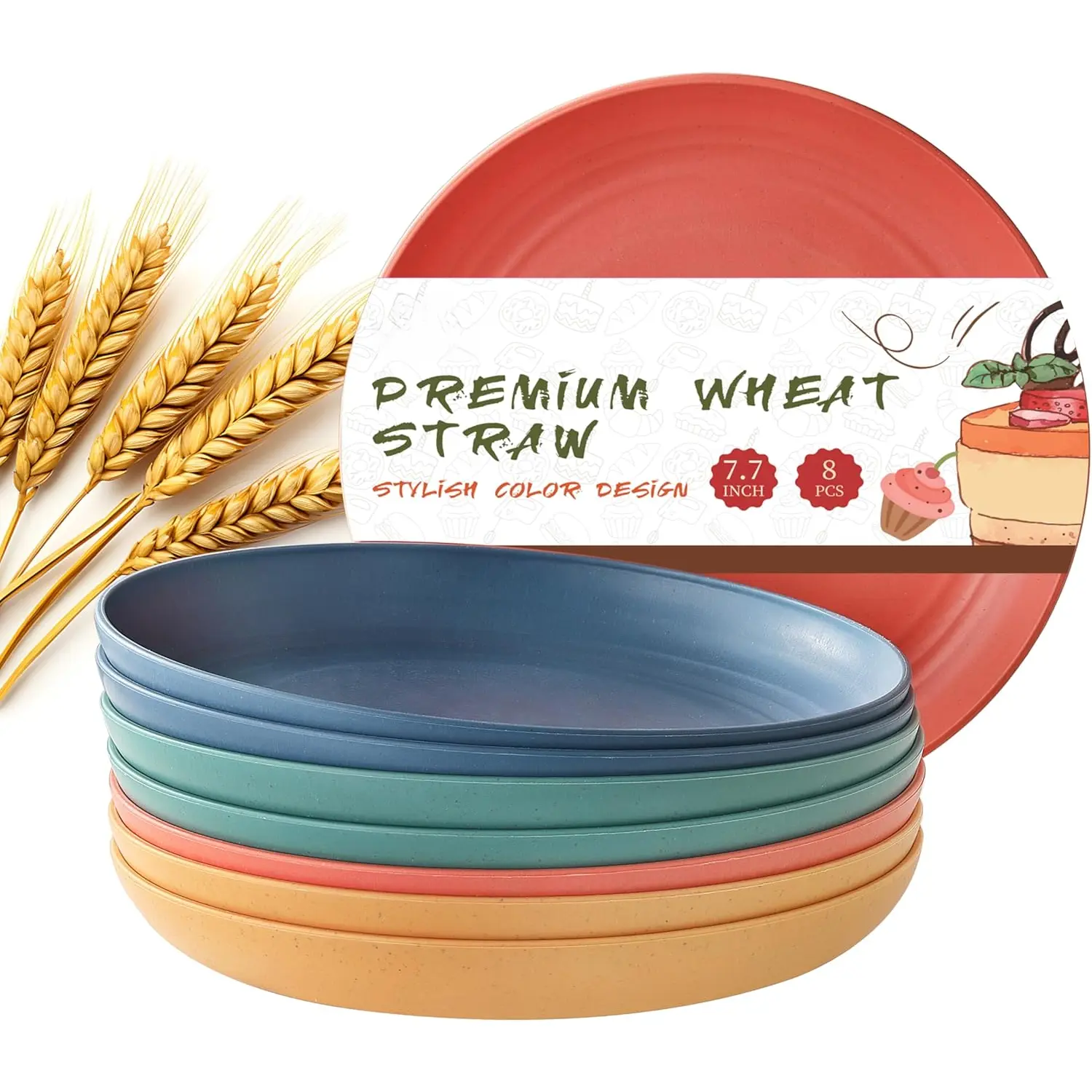 7.7 inches Wheat Straw Melamine Plates - 8-Count Lightweight Unbreakable Plastic Plates for Family Indoor Kitchen, Camping Trip, Picnic, Dishwasher & Microwave Safe (4 Colors)
