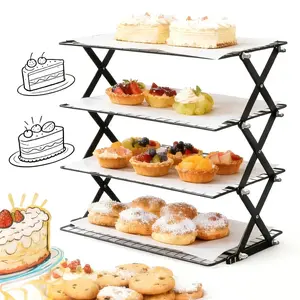 4-Tier Foldable Cooling Rack, Baking Pan Wire Rack, Outdoor Picnic Rack, Adjustable 4 Setting Designs, Collapsible Food Display Stand, Multi-Purpose Serving Tray, Camping Grill for for Baking, Roasting, Grilling, Picnics, with 20pcs Parchment Paper