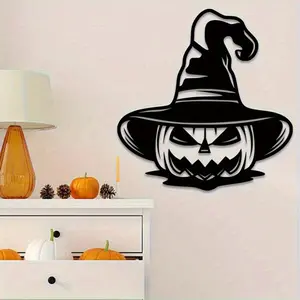 Halloween Witch Face Metal Wall Art - Black Iron Pumpkin Lantern & Broom Design | Spooky Artistic Indoor Decor for Living Room & Bedroom Decoration (1PC) Decorative Sign